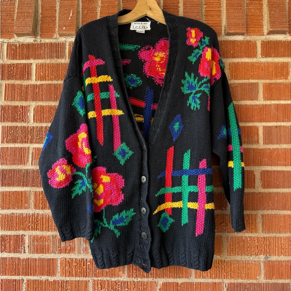 Vintage 80s multi colored floral IZOD handknit cardigan